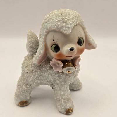 LOT 46K: Just in Time For Spring! 1950s Sugar Salt Glazed Baby Fawn, Lamb, & Sheep Donkey , 2 Goebel Bunnies, & Basket of Flowers