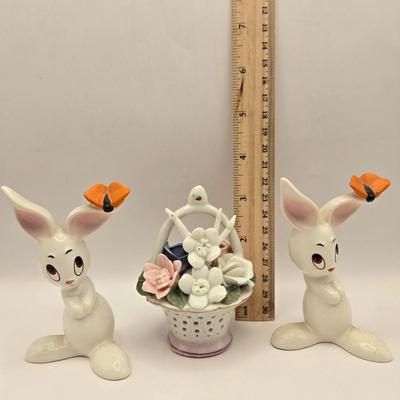 LOT 46K: Just in Time For Spring! 1950s Sugar Salt Glazed Baby Fawn, Lamb, & Sheep Donkey , 2 Goebel Bunnies, & Basket of Flowers