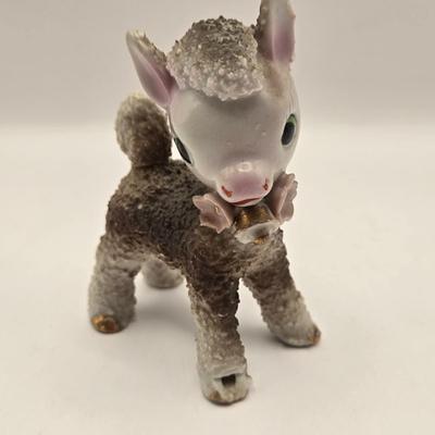 LOT 46K: Just in Time For Spring! 1950s Sugar Salt Glazed Baby Fawn, Lamb, & Sheep Donkey , 2 Goebel Bunnies, & Basket of Flowers