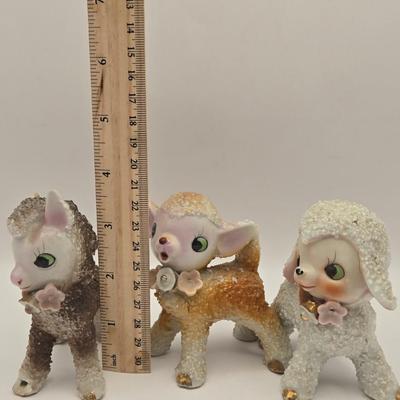 LOT 46K: Just in Time For Spring! 1950s Sugar Salt Glazed Baby Fawn, Lamb, & Sheep Donkey , 2 Goebel Bunnies, & Basket of Flowers