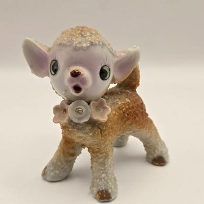 LOT 46K: Just in Time For Spring! 1950s Sugar Salt Glazed Baby Fawn, Lamb, & Sheep Donkey , 2 Goebel Bunnies, & Basket of Flowers