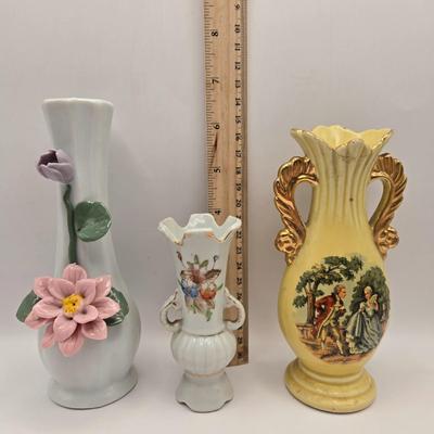 LOT 47K: Victorian Double Handled Bud Vase, Vintage Enesco Bud Vase, Small Asian Style Bud Vase, Royal Albert Christmas Rose, &...