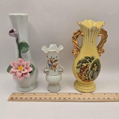 LOT 47K: Victorian Double Handled Bud Vase, Vintage Enesco Bud Vase, Small Asian Style Bud Vase, Royal Albert Christmas Rose, &...