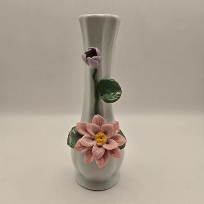 LOT 47K: Victorian Double Handled Bud Vase, Vintage Enesco Bud Vase, Small Asian Style Bud Vase, Royal Albert Christmas Rose, &...