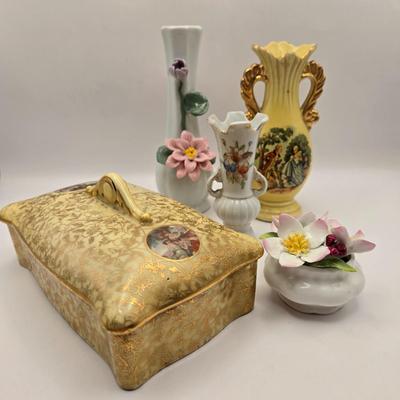 LOT 47K: Victorian Double Handled Bud Vase, Vintage Enesco Bud Vase, Small Asian Style Bud Vase, Royal Albert Christmas Rose, &...