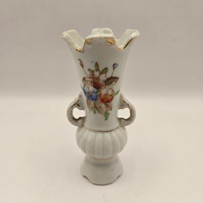 LOT 47K: Victorian Double Handled Bud Vase, Vintage Enesco Bud Vase, Small Asian Style Bud Vase, Royal Albert Christmas Rose, &...