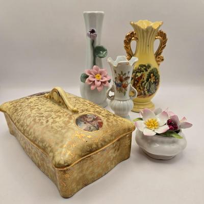 LOT 47K: Victorian Double Handled Bud Vase, Vintage Enesco Bud Vase, Small Asian Style Bud Vase, Royal Albert Christmas Rose, &...