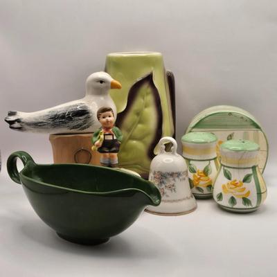 LOT 53K: MCM Leaf Vase, Royal Norfolk Napkin Holder and Salt & Pepper Shakers, Gravy Boat, Schmid Hark the Herald Music Box, Noritake...