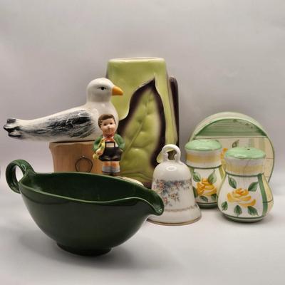 LOT 53K: MCM Leaf Vase, Royal Norfolk Napkin Holder and Salt & Pepper Shakers, Gravy Boat, Schmid Hark the Herald Music Box, Noritake...