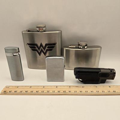 LOT 54K: Variety of Flasks & Lighters