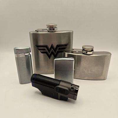 LOT 54K: Variety of Flasks & Lighters