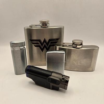 LOT 54K: Variety of Flasks & Lighters