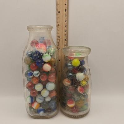 LOT 56K: Don't Lose Your Marbles! Glass Vase, & 2 Abbott Bottles filled with Glass Marbles and 2 Miniature Bottles