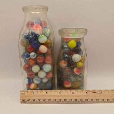 LOT 56K: Don't Lose Your Marbles! Glass Vase, & 2 Abbott Bottles filled with Glass Marbles and 2 Miniature Bottles