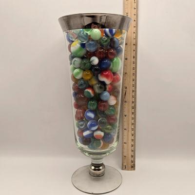 LOT 56K: Don't Lose Your Marbles! Glass Vase, & 2 Abbott Bottles filled with Glass Marbles and 2 Miniature Bottles