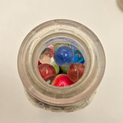 LOT 56K: Don't Lose Your Marbles! Glass Vase, & 2 Abbott Bottles filled with Glass Marbles and 2 Miniature Bottles