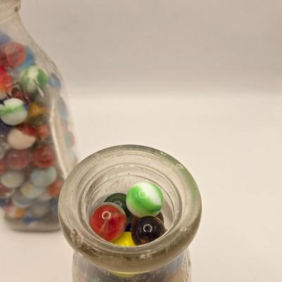 LOT 56K: Don't Lose Your Marbles! Glass Vase, & 2 Abbott Bottles filled with Glass Marbles and 2 Miniature Bottles