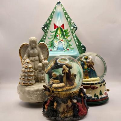 LOT 56K: Holt Howard Christmas Serving Platter, 2 Snow Globes, & Musical Angel Figurine