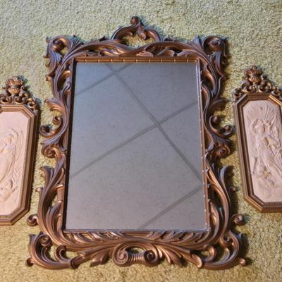 LOT 68K: Vintage Homco Diamond Wall Plaques, Mirror and 2 Side Plaques, and 2 Candle Sconces