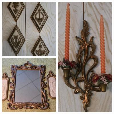 LOT 68K: Vintage Homco Diamond Wall Plaques, Mirror and 2 Side Plaques, and 2 Candle Sconces