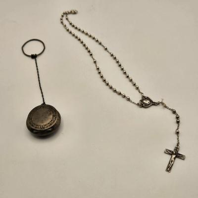 LOT 88J: Sterling Silver Victorian Pillbox on Chain & Sterling Silver Miniature Rosary