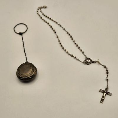 LOT 88J: Sterling Silver Victorian Pillbox on Chain & Sterling Silver Miniature Rosary