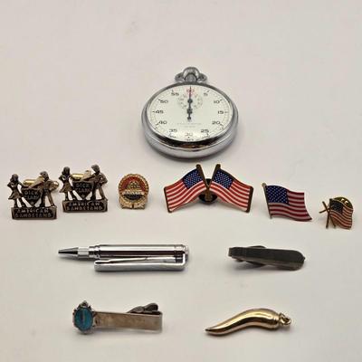 LOT 89J: Men's Jewelry Collection Including Stop Watch, American Bandstand Cufflinks, Mechanical Pencil Tie Clip, AmVets Collar pin,...