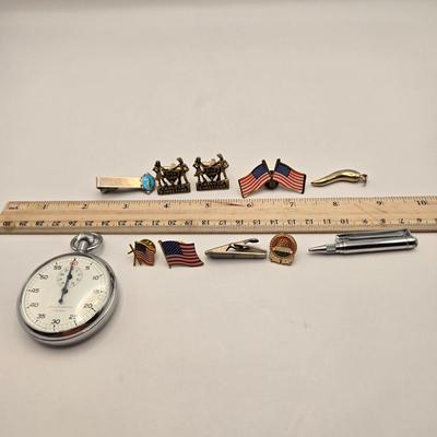 LOT 89J: Men's Jewelry Collection Including Stop Watch, American Bandstand Cufflinks, Mechanical Pencil Tie Clip, AmVets Collar pin,...