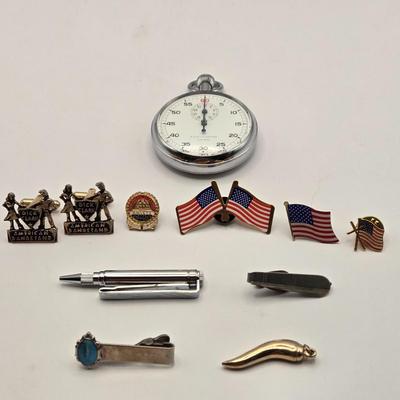 LOT 89J: Men's Jewelry Collection Including Stop Watch, American Bandstand Cufflinks, Mechanical Pencil Tie Clip, AmVets Collar pin,...