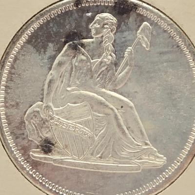 LOT 91J: 1 Ounce Troy .999 Silver Seated Liberty Dollar Coin