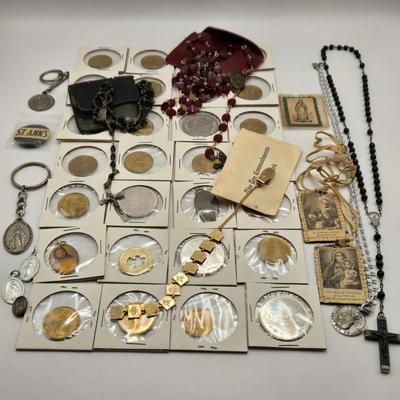 LOT 95J: Rosary Beads, Scapula, Religious Jewelry, Coins, Medallions, & More
