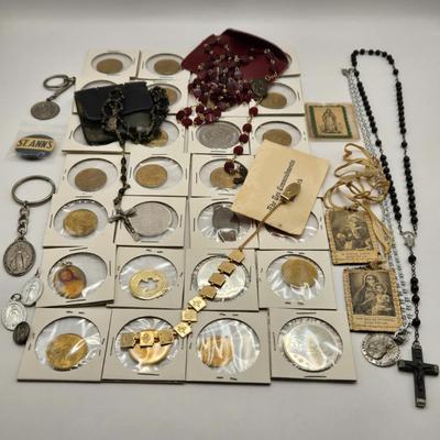 LOT 95J: Rosary Beads, Scapula, Religious Jewelry, Coins, Medallions, & More