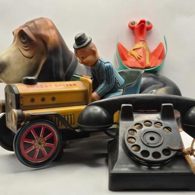 LOT 115K: Vintage Basset Hound Plastic Coin Bank, Modern Toys Sunday Driver, Ideal Toys Telephone, & Tigrett Industries Toy