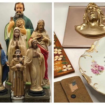 LOT 116:K St. Jude, Jesus Christ, Virgin Mary, and Other Statues, Lighted Figures, Ten Commandment Plate, Pocket Size Bible, & More