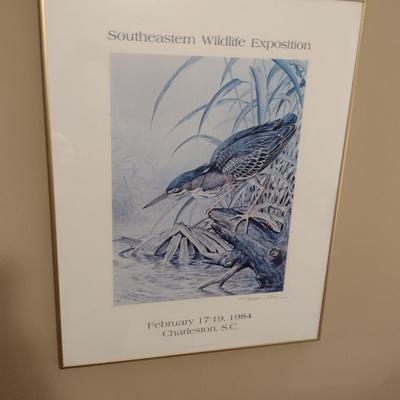 Framed Green Heron Design Wildlife Expo Poster by Basil Ede- Approx 22 1/4" x 28 1/4"