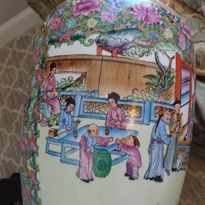 Large Chinese Famille Rose Porcelain Vase with Stand- Approx 10 1/2" in Diameter, 24 1/2" Tall