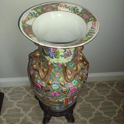 Large Chinese Famille Rose Porcelain Vase with Stand- Approx 10 1/2" in Diameter, 24 1/2" Tall