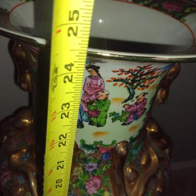Large Chinese Famille Rose Porcelain Vase with Stand- Approx 10 1/2" in Diameter, 24 1/2" Tall