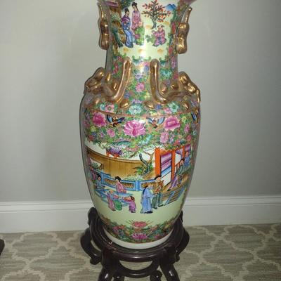Large Chinese Famille Rose Porcelain Vase with Stand- Approx 10 1/2" in Diameter, 24 1/2" Tall