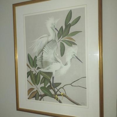 White Heron Print by Art Lamay- Double Signed and Numbered- Framed Under Glass- Approx 27 1/4" x 34 1/2"
