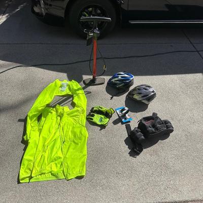 NEW BONTRAGER TIRE PUMP, 2 HELMETS, FLUORESCENT SAFETY VEST AND MORE