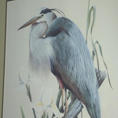 Blue Heron Print by Art Lamay- Double Signed and Numbered- Framed Under Glass- Approx 29" x 40 1/4"