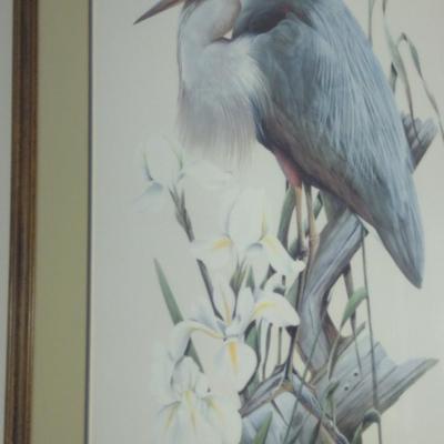 Blue Heron Print by Art Lamay- Double Signed and Numbered- Framed Under Glass- Approx 29" x 40 1/4"