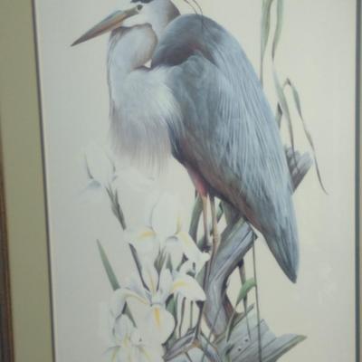 Blue Heron Print by Art Lamay- Double Signed and Numbered- Framed Under Glass- Approx 29" x 40 1/4"