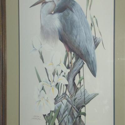 Blue Heron Print by Art Lamay- Double Signed and Numbered- Framed Under Glass- Approx 29" x 40 1/4"