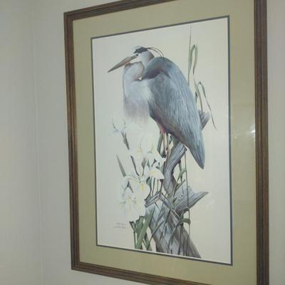 Blue Heron Print by Art Lamay- Double Signed and Numbered- Framed Under Glass- Approx 29" x 40 1/4"