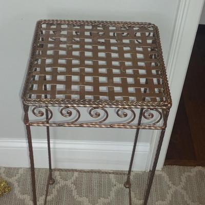 Metal Plant Stand with Woven Design Top- Approx 10 1/2" Square, 24 1/2" Tall