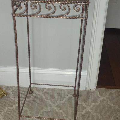 Metal Plant Stand with Woven Design Top- Approx 10 1/2" Square, 24 1/2" Tall