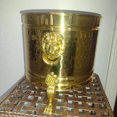 Brass Cachepot/Waste Can with Lion Head Design- Approx 8" in Diameter, 9 1/4" Tall