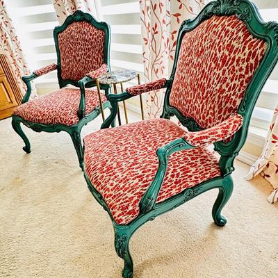 Furniture - French style bergère chairs in Turquoise & Red Animal print w/ marble top occasional table